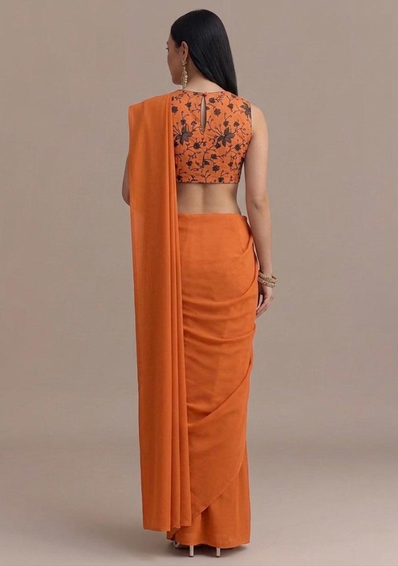 Rust Embroidered Chanderi Pre Draped Saree Set - Indya