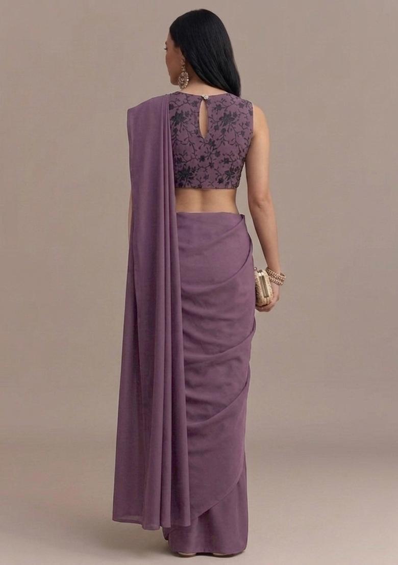 Purple Embroidered Chanderi Pre Draped Saree Set - Indya