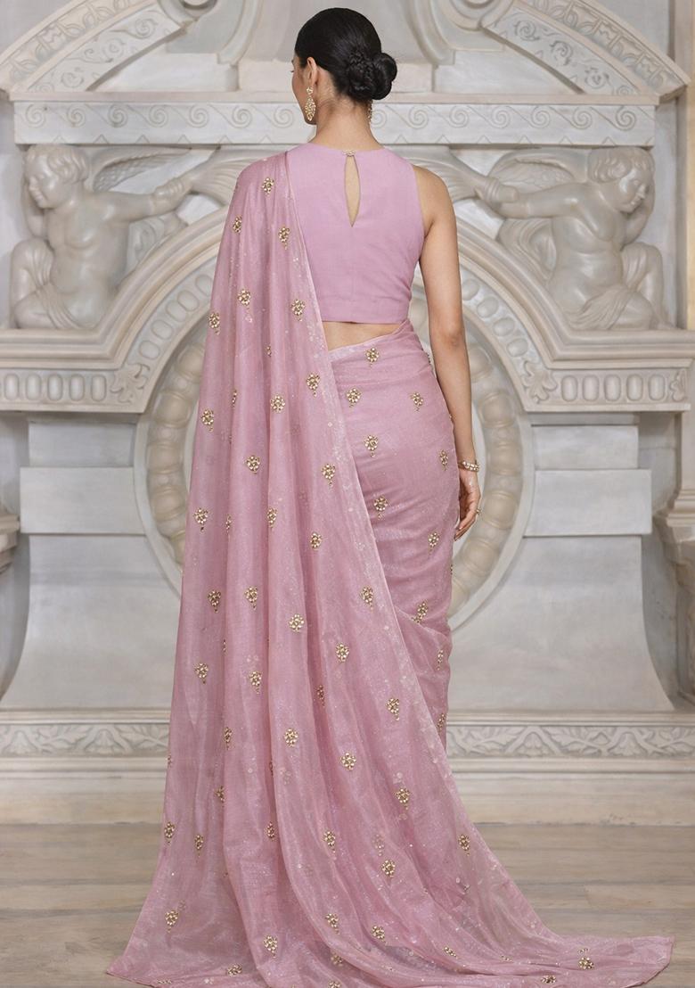 Baby Pink Embroidered Silk Blend Pre Draped Saree Set - Indya