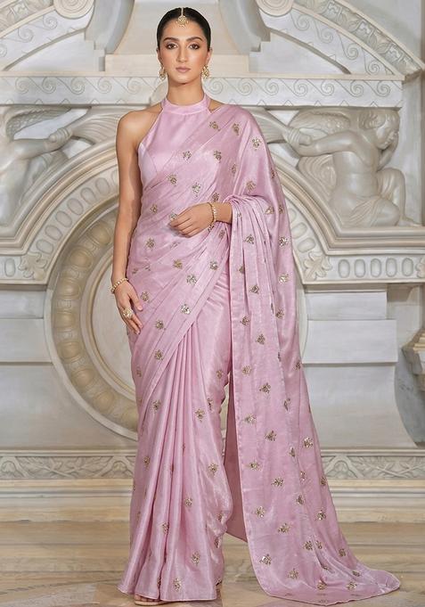 Baby Pink Embroidered Silk Blend Pre Draped Saree Set