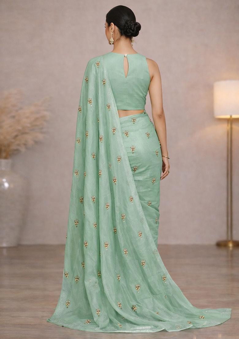 Mint Green Embroidered Silk Blend Pre Draped Saree Set - Indya