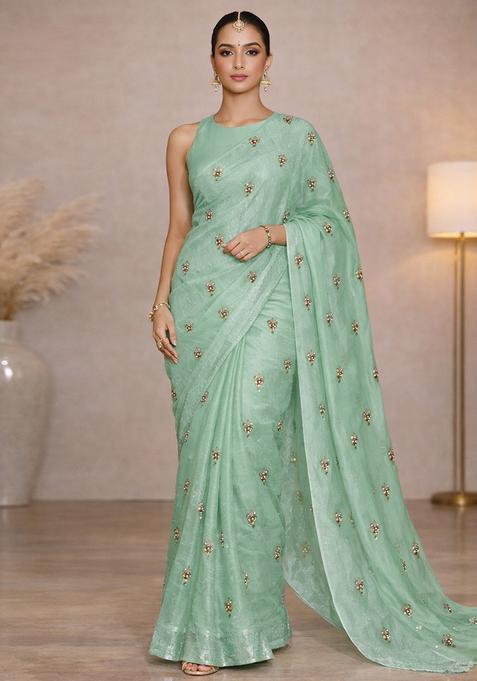 Mint Green Embroidered Silk Blend Pre Draped Saree Set