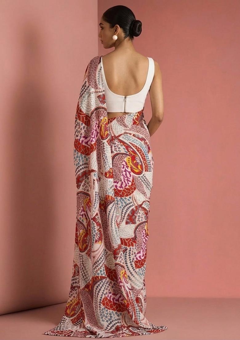 Off White Printed Crepe Pre Draped Saree Set - Indya