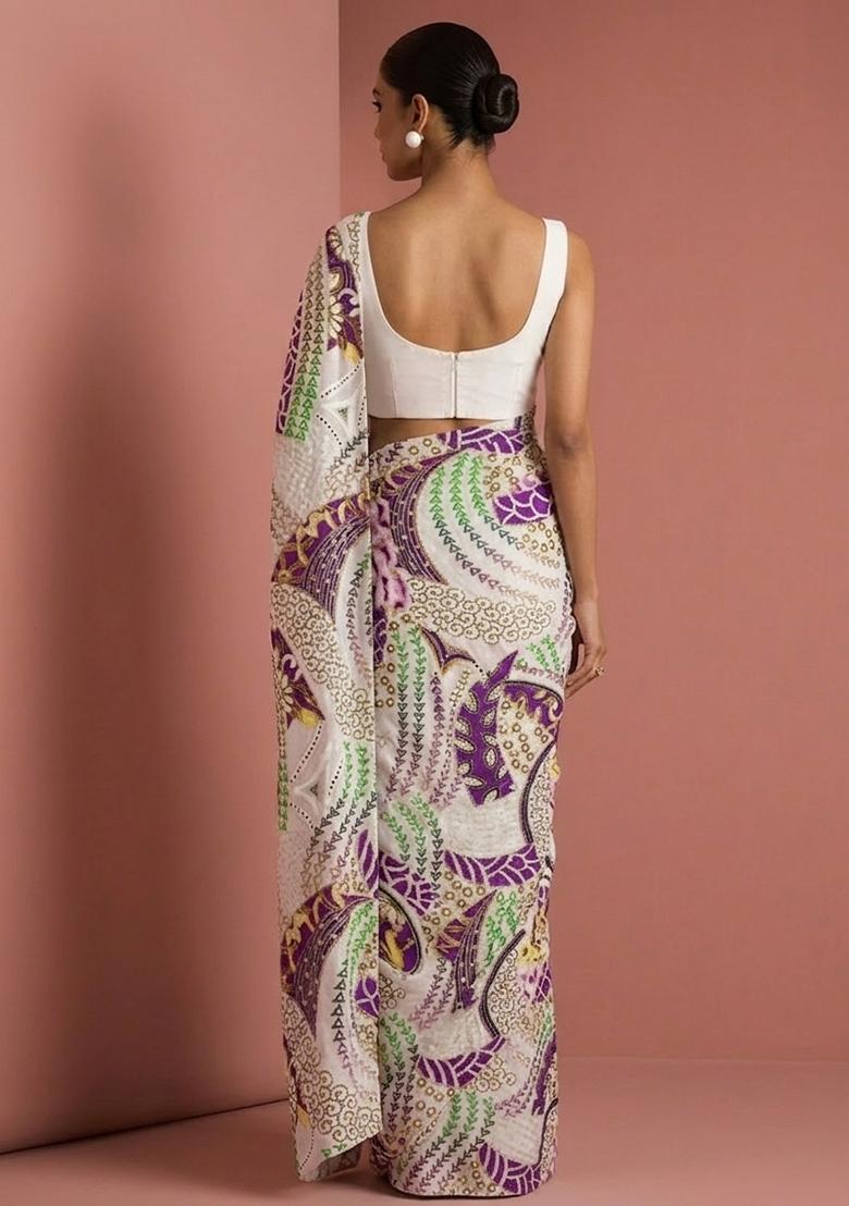 Ivory Printed Crepe Pre Draped Saree Set - Indya