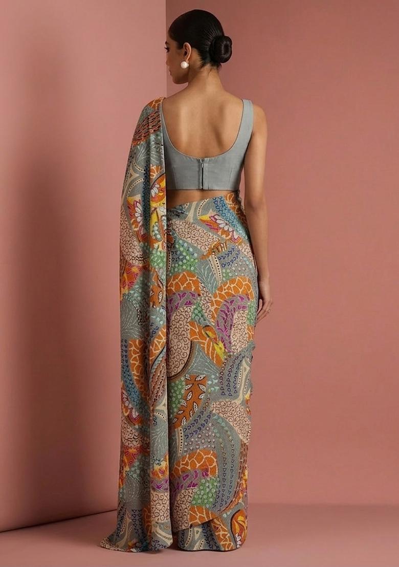 Grey Printed Crepe Pre Draped Saree Set - Indya