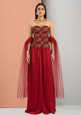 Maroon Embroidered Organza Fusion Set