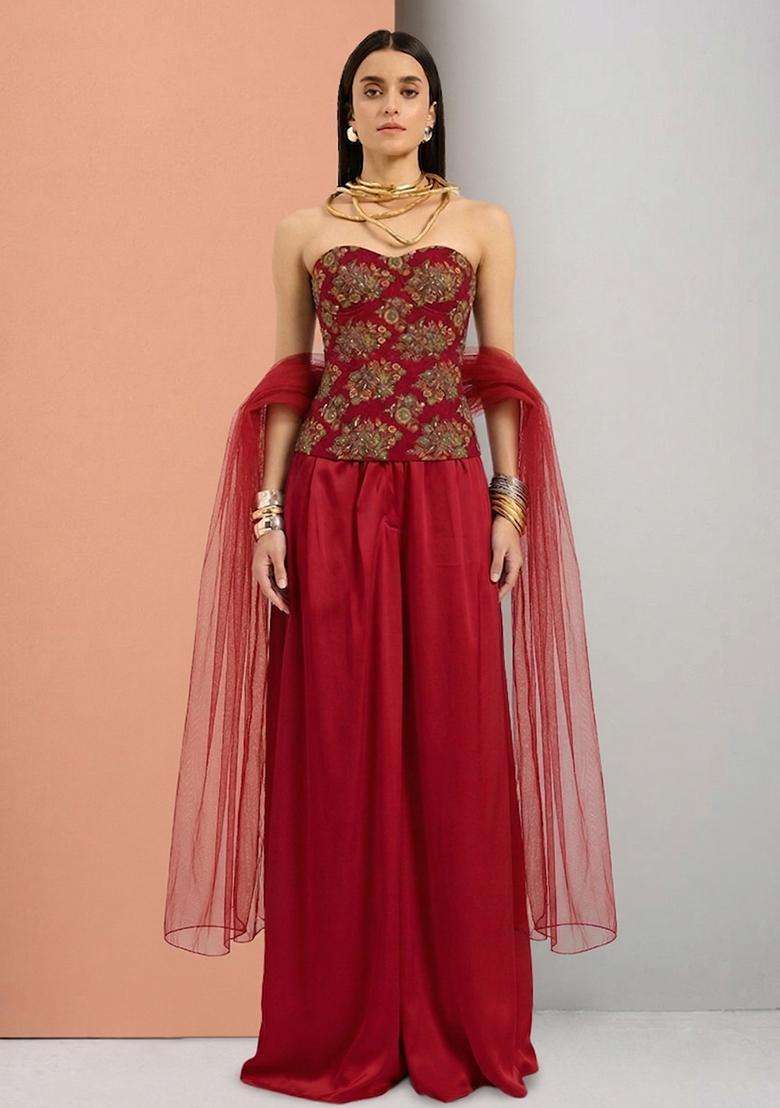Maroon Embroidered Organza Fusion Set - Indya
