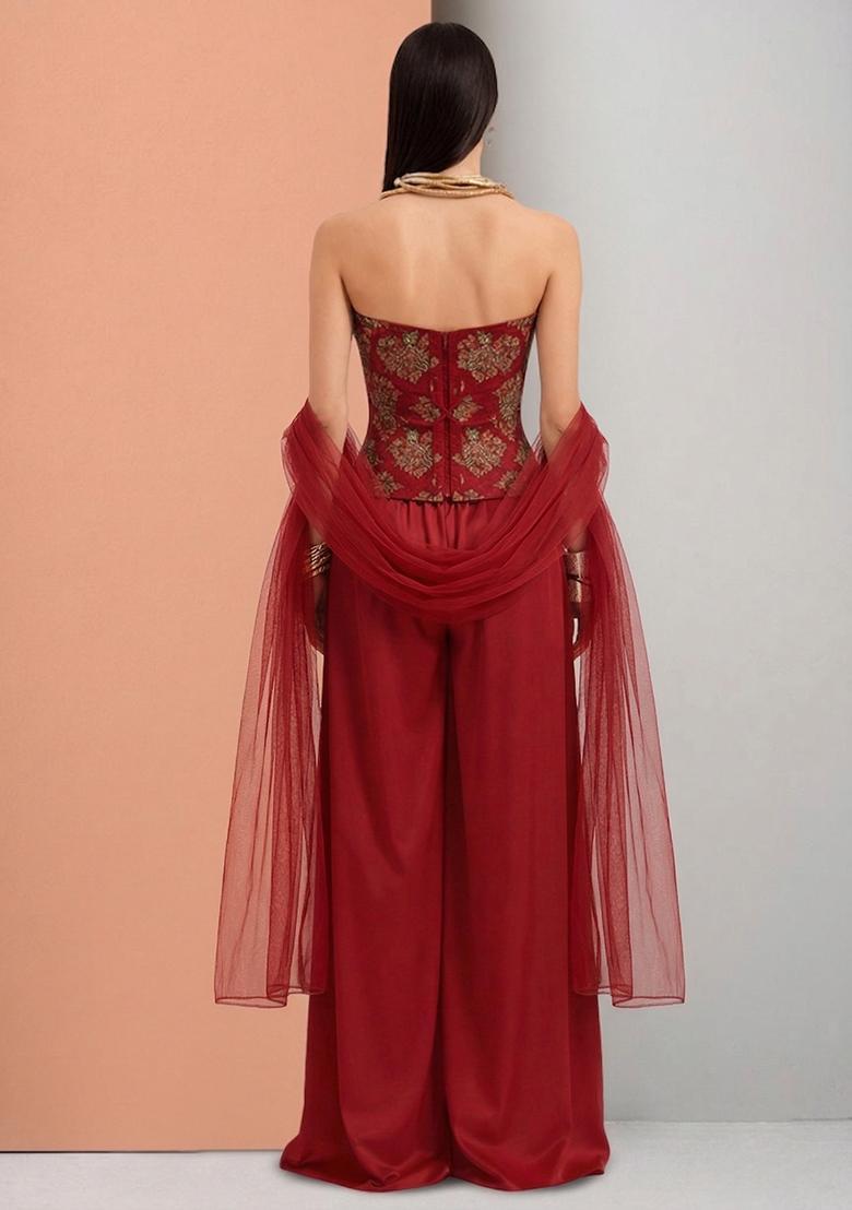 Maroon Embroidered Organza Fusion Set - Indya