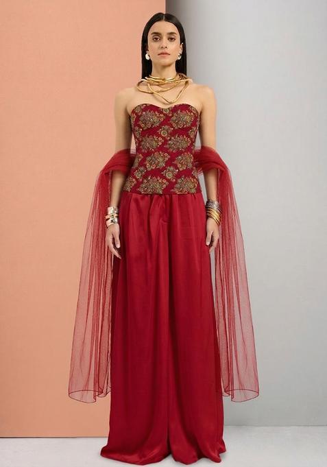 Maroon Embroidered Organza Fusion Set