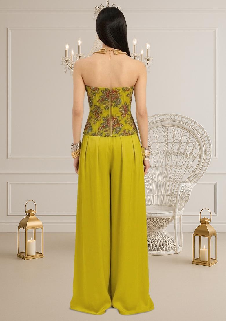Lime Green Embroidered Organza Fusion Set - Indya