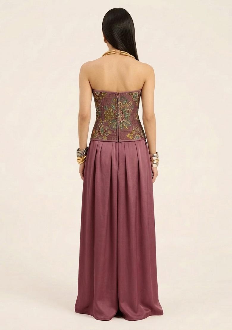 Mauve Embroidered Organza Fusion Set - Indya