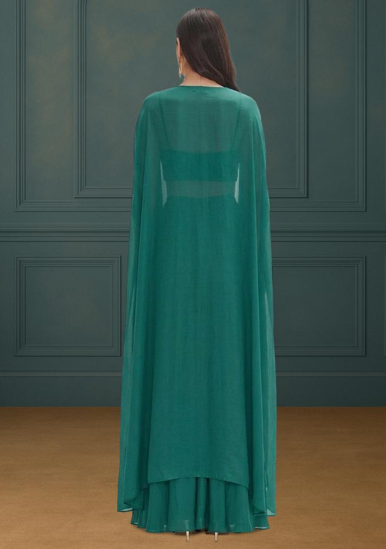 Teal Green Embroidered Crepe Fusion Set - Indya