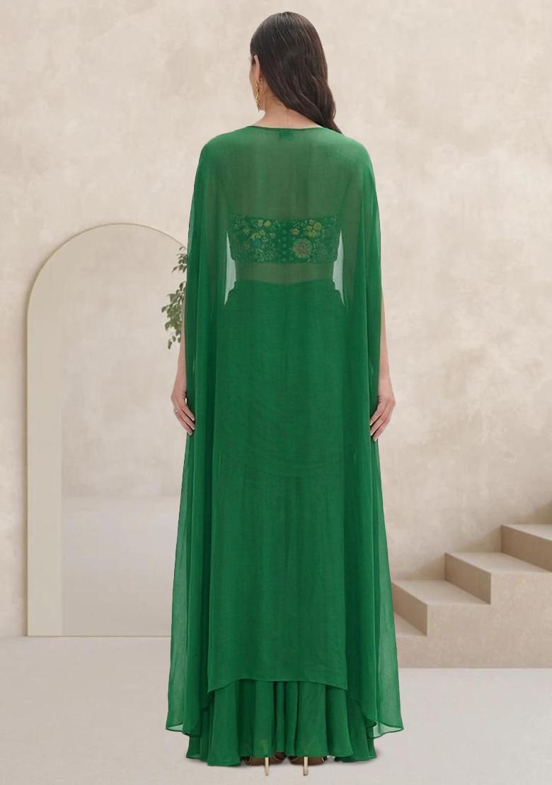 Bottle Green Embroidered Crepe Fusion Set - Indya