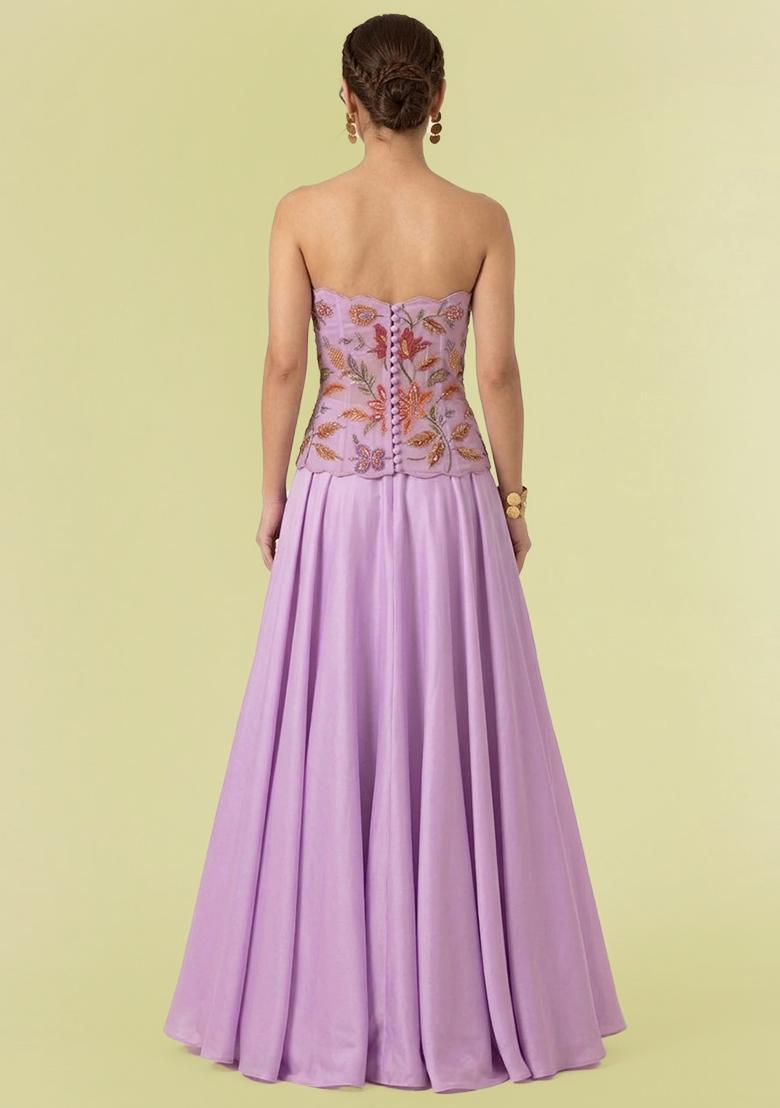 Lavender Purple Embroidered Organza Lehenga Set - Indya