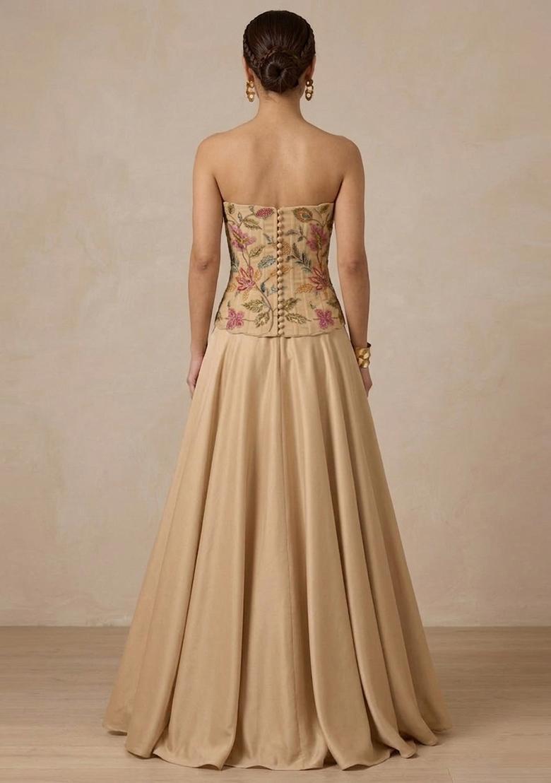 Sand Beige Embroidered Organza Lehenga Set - Indya