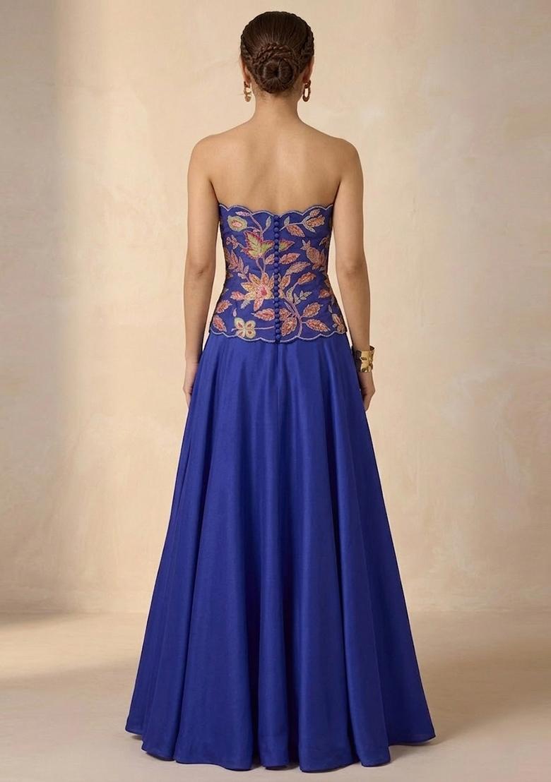 Royal Blue Embroidered Organza Lehenga Set - Indya