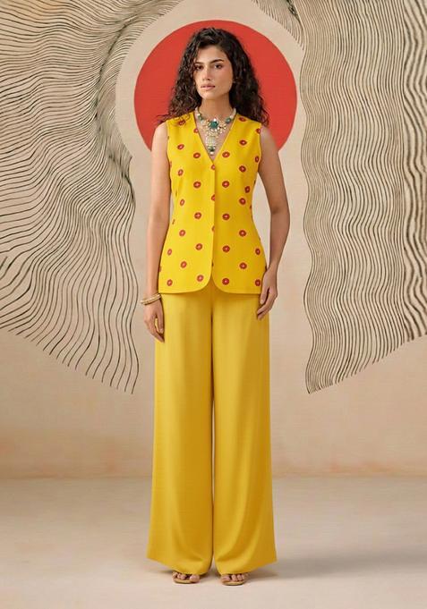 Yellow Printed Satin Fusion Set