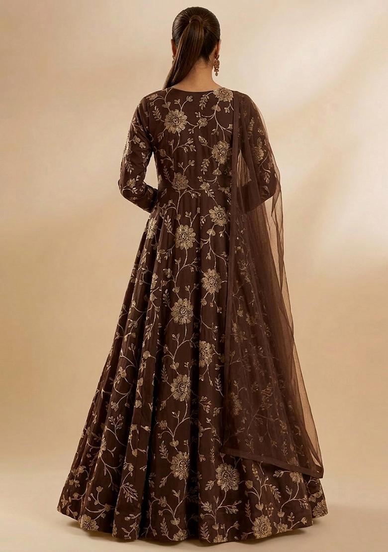 Brown Chanderi Anarkali With Dupatta - Indya
