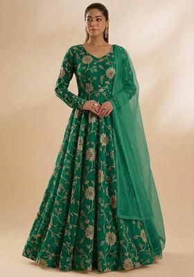 Green Chanderi Anarkali With Dupatta