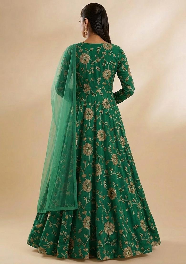 Green Chanderi Anarkali With Dupatta - Indya