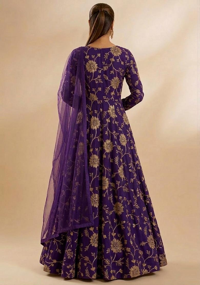 Purple Chanderi Anarkali With Dupatta - Indya