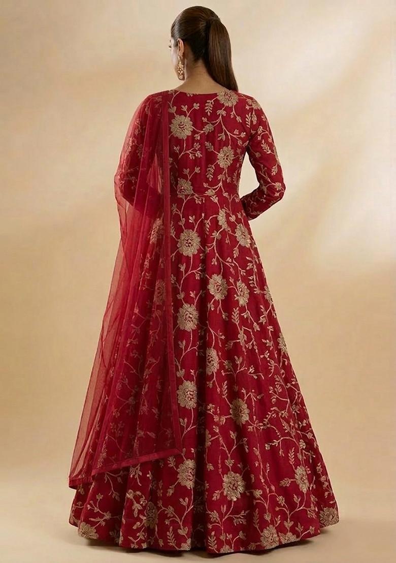 Red Chanderi Anarkali With Dupatta - Indya