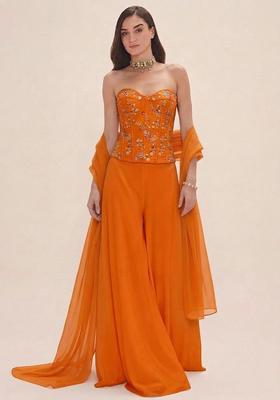 Tangerine Orange Embroidered Crepe Fusion Set