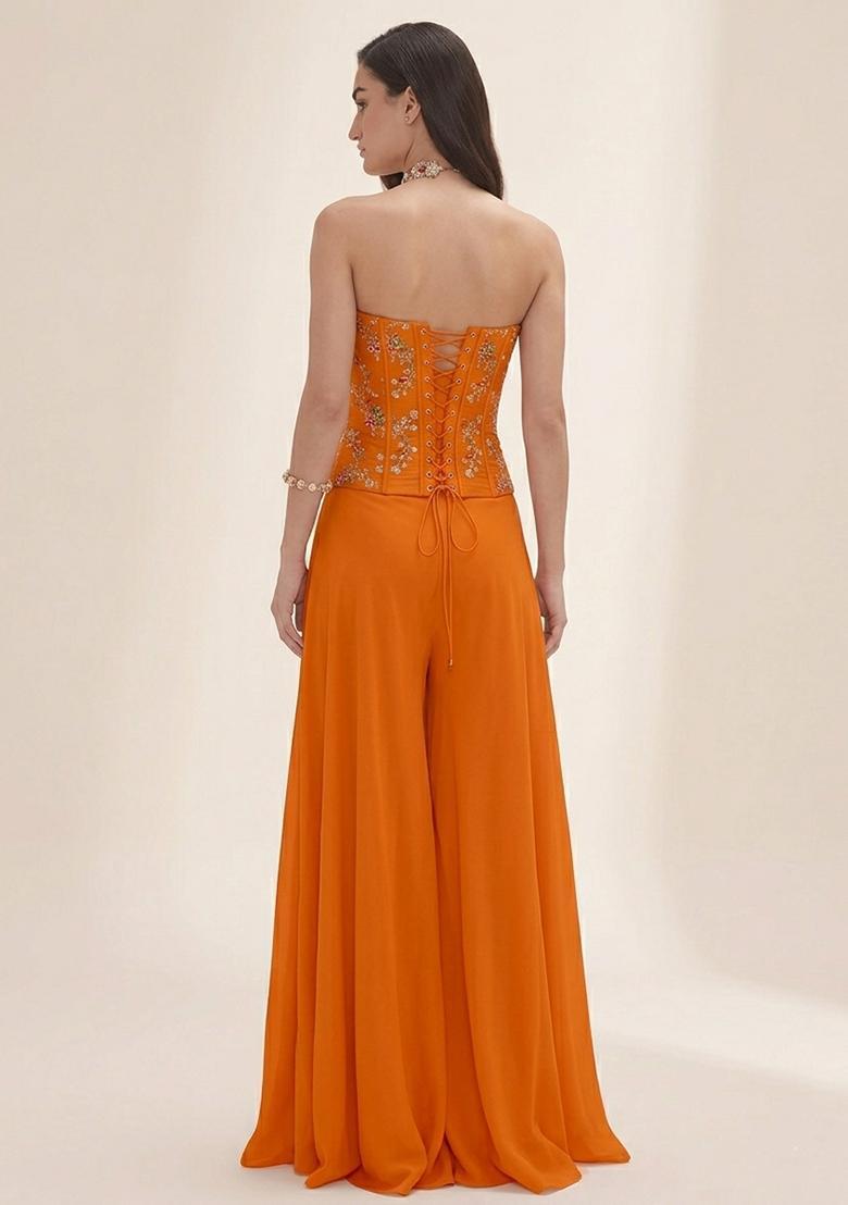Tangerine Orange Embroidered Crepe Fusion Set - Indya