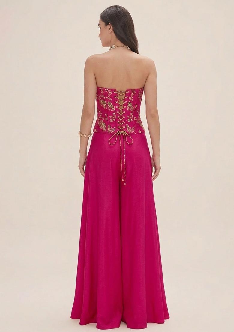 Hot Pink Embroidered Crepe Fusion Set - Indya