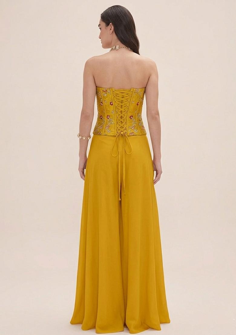 Lime Green Embroidered Crepe Fusion Set - Indya