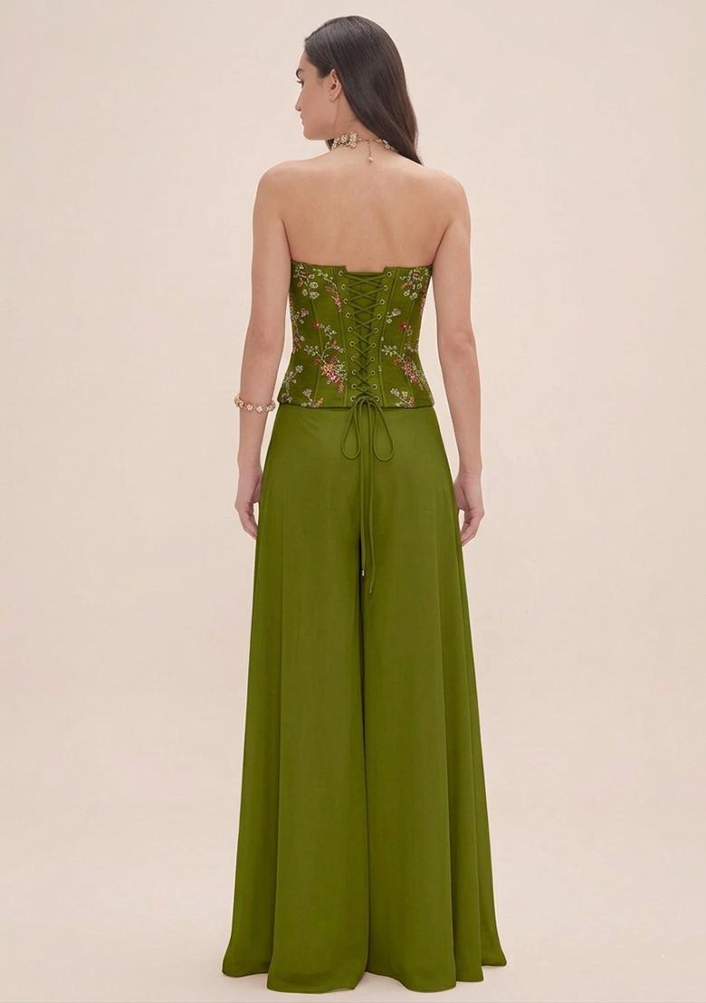Olive Green Embroidered Crepe Fusion Set - Indya