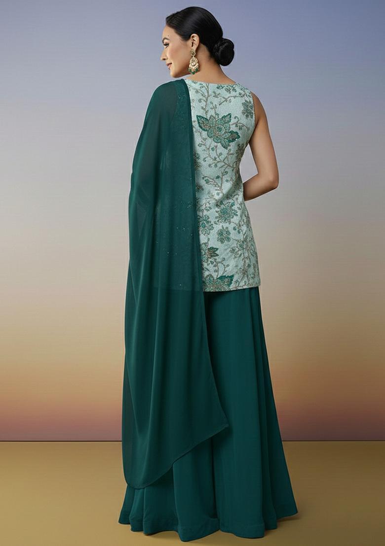 Teal Green Embroidered Crepe Sharara Set - Indya