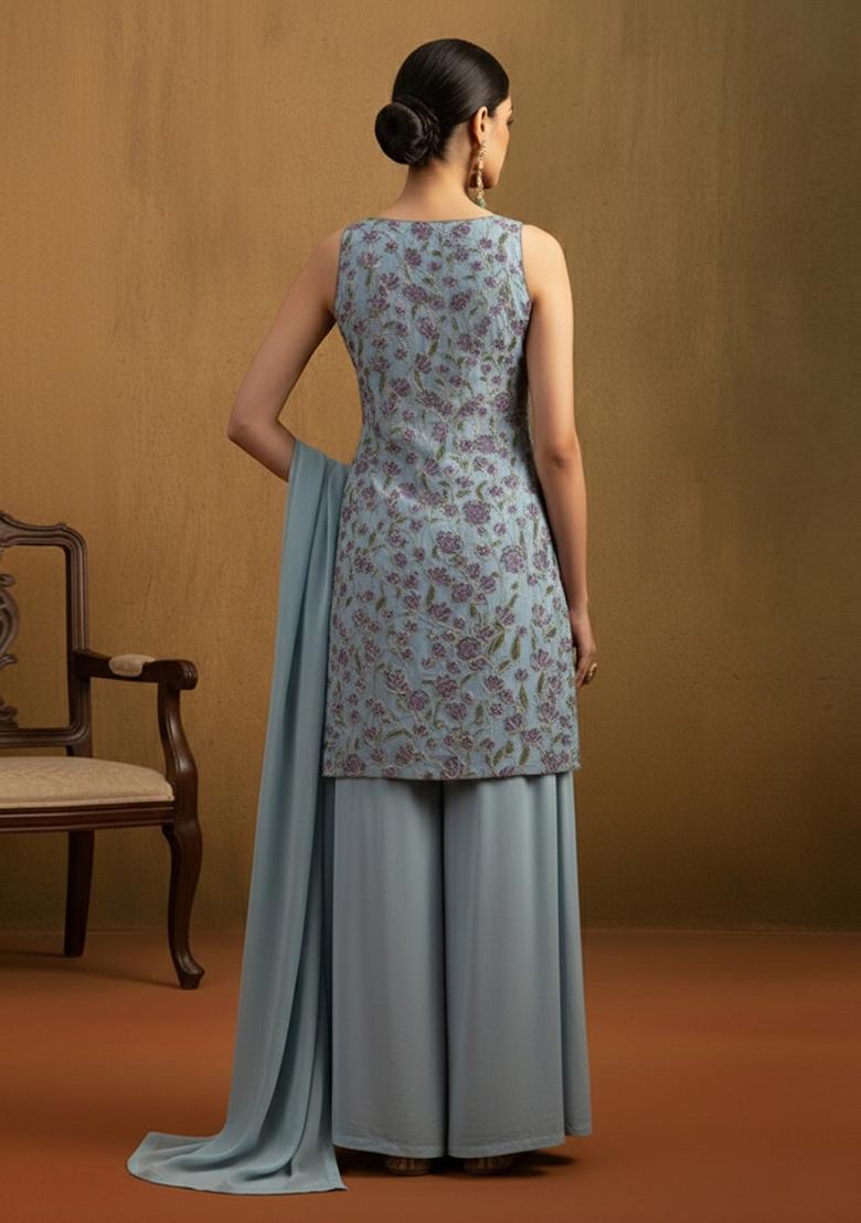 Pastel Blue Embroidered Organza Sharara Set - Indya