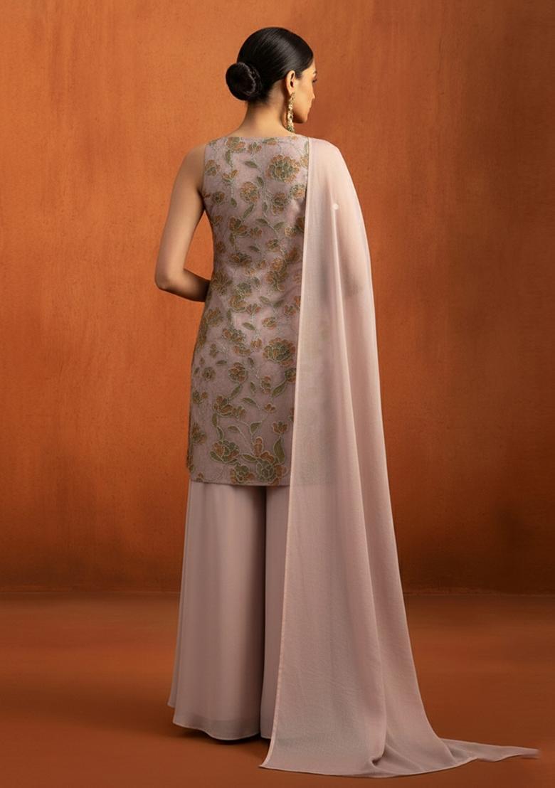 Dusty Pink Embroidered Organza Sharara Set - Indya