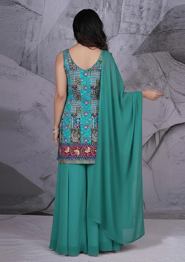 Teal Green Embroidered Crepe Sharara Set - Indya