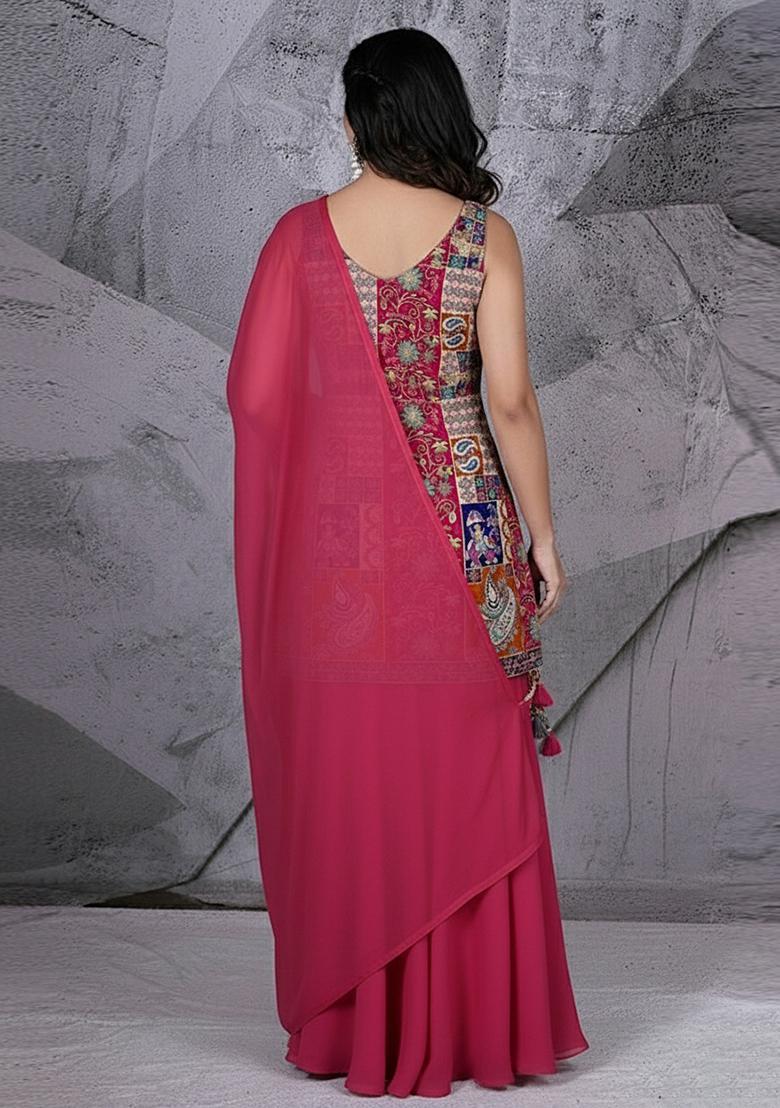 Rani Pink Embroidered Crepe Sharara Set - Indya