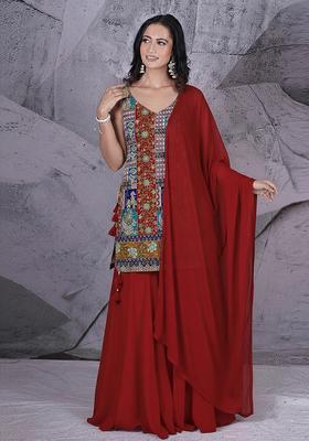 Red Embroidered Crepe Sharara Set