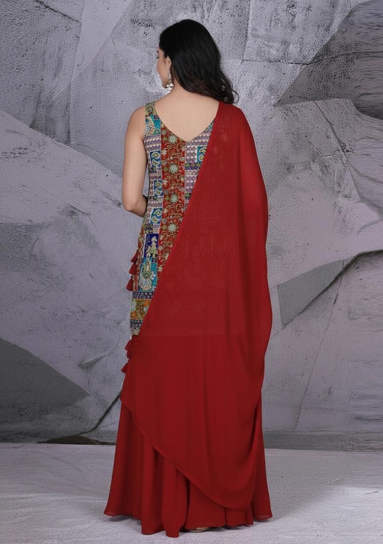 Red Embroidered Crepe Sharara Set - Indya