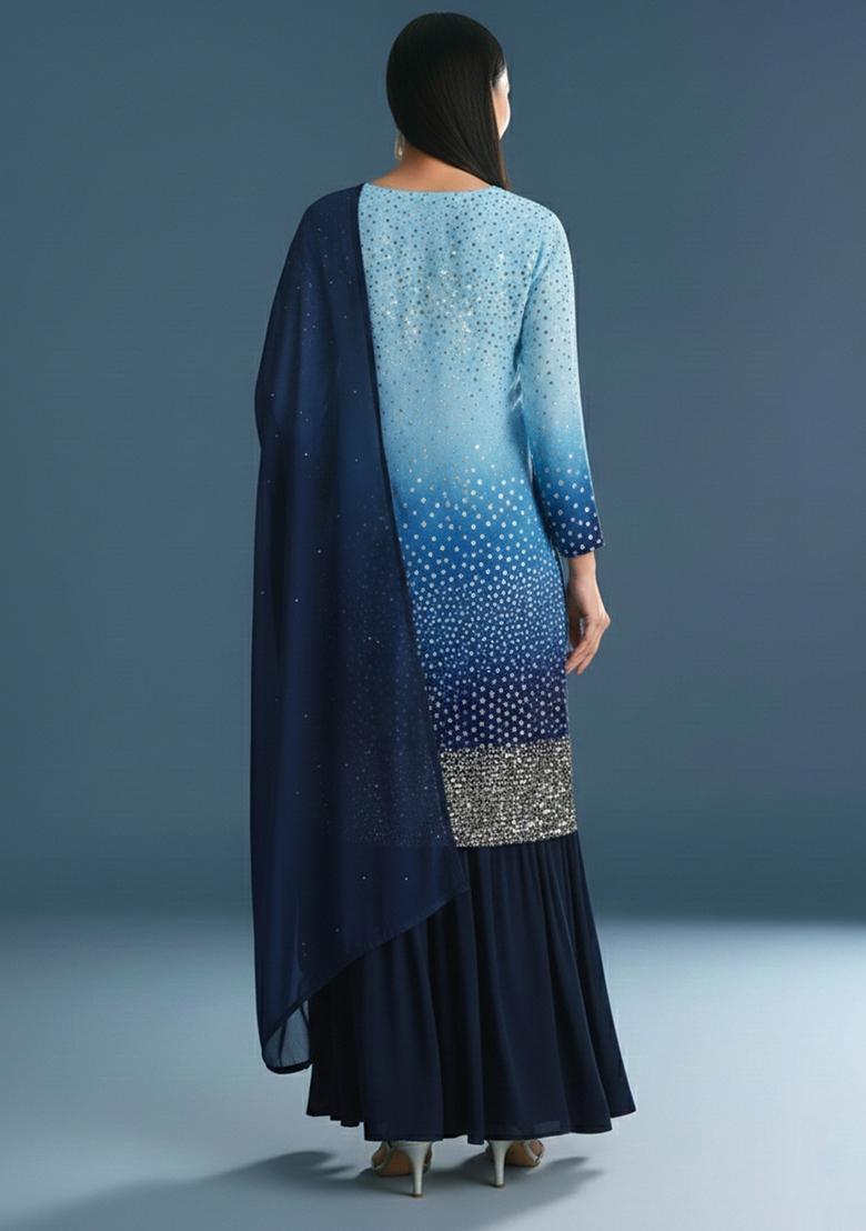Ombre Blue Sequin Tissue Sharara Set - Indya