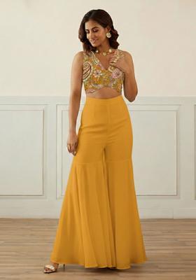 Mustard Yellow Embroidered Crepe Fusion Set