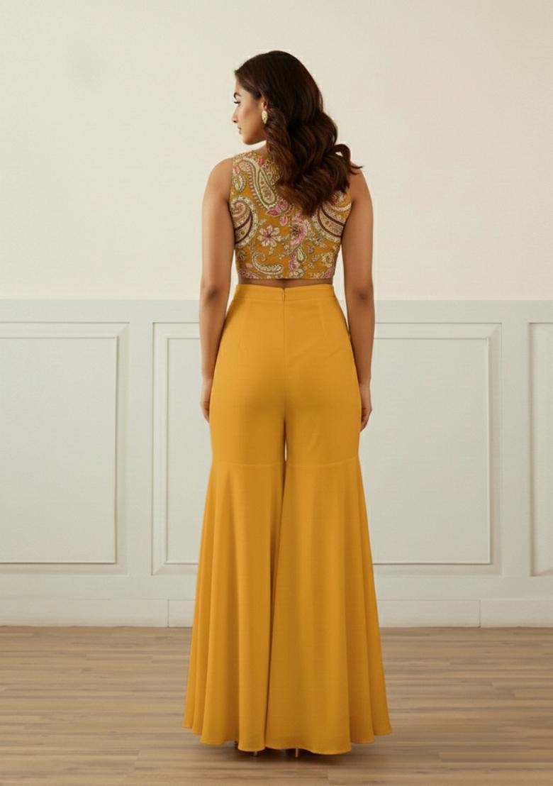 Mustard Yellow Embroidered Crepe Fusion Set - Indya