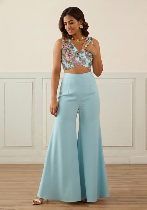 Soft Blue Embroidered Crepe Fusion Set