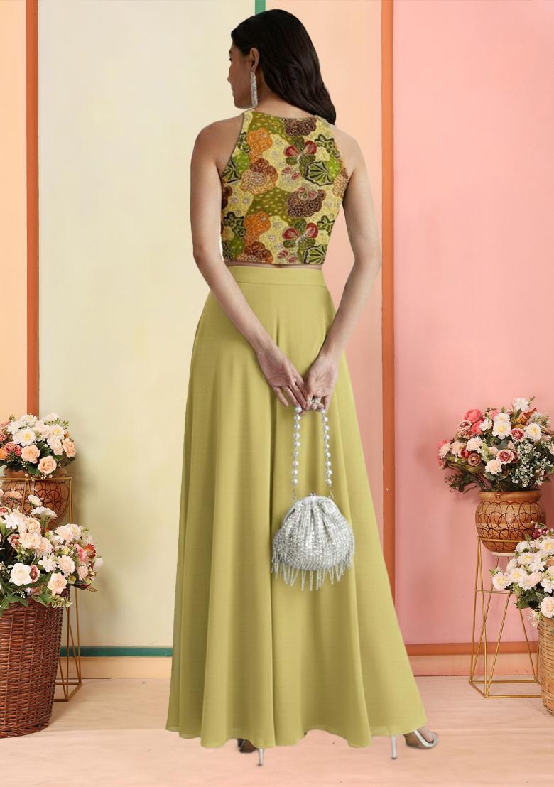 Pastel Yellow Embroidered Crepe Lehenga Set - Indya