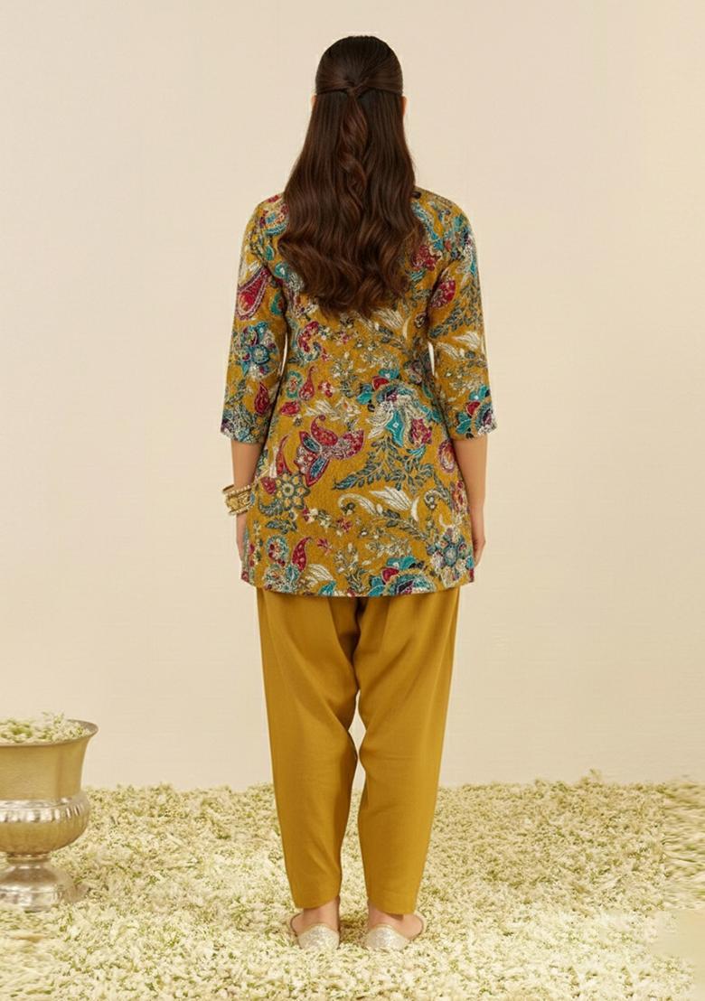 Mustard Yellow Embroidered Crepe Kurta Set - Indya