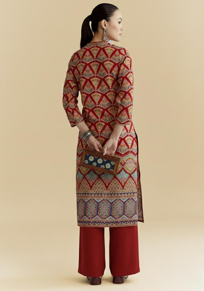 Maroon Printed Crepe Kurta Set - Indya