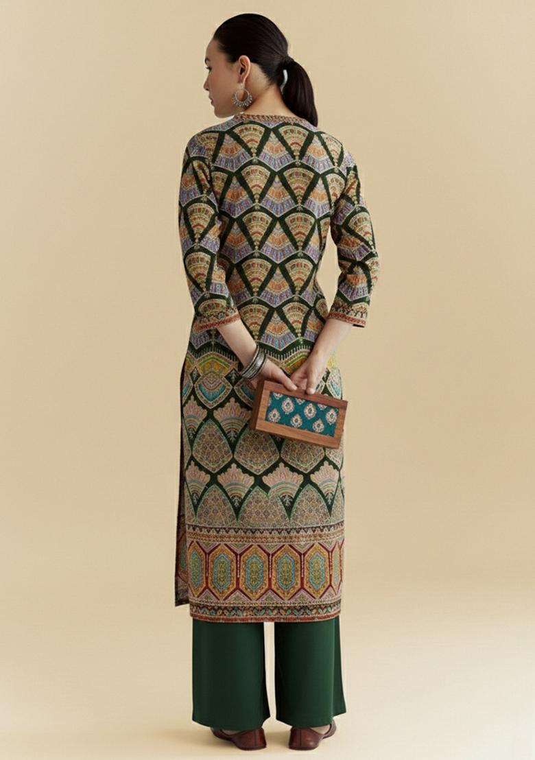 Bottle Green Printed Crepe Kurta Set - Indya