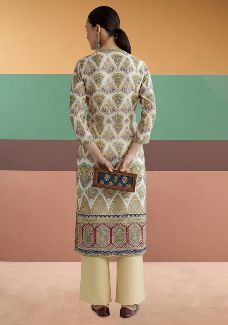 Cream Printed Crepe Kurta Set - Indya