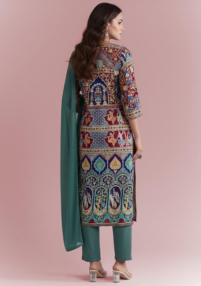 Teal Green Embroidered Crepe Kurta Set - Indya