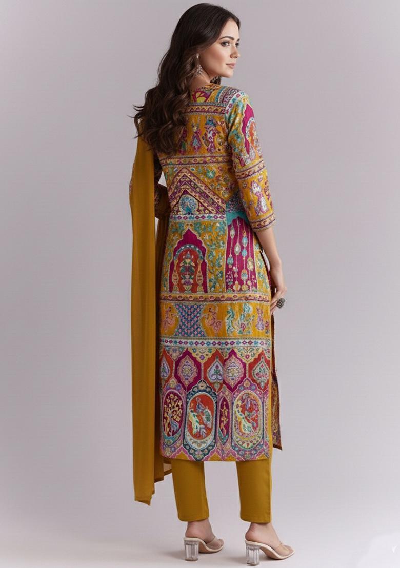 Olive Green Embroidered Crepe Kurta Set - Indya