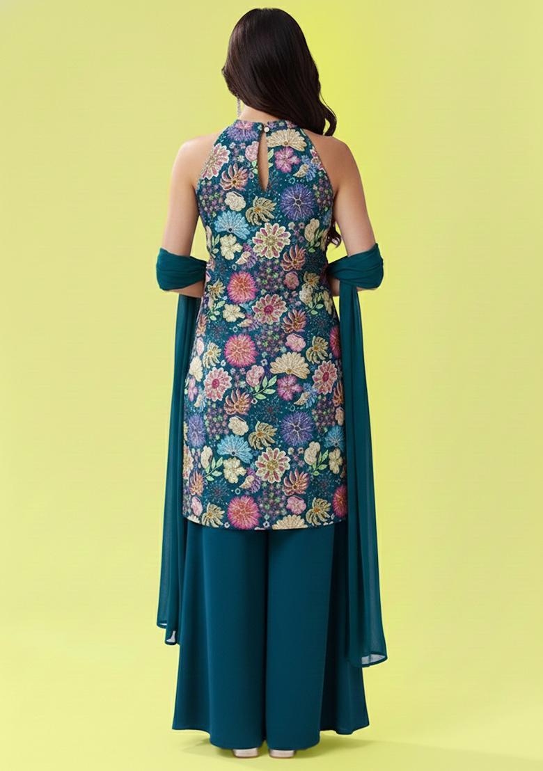 Teal Blue Printed Chinon Sharara Set - Indya